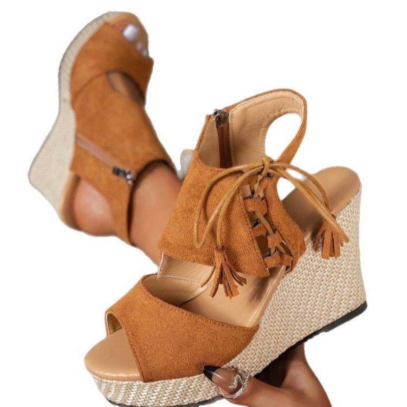 Fashion New Spring/Summer 2025 women's large-sized wedge heel sandals with tassels, high heels, muffin, thick soles and fish mouth