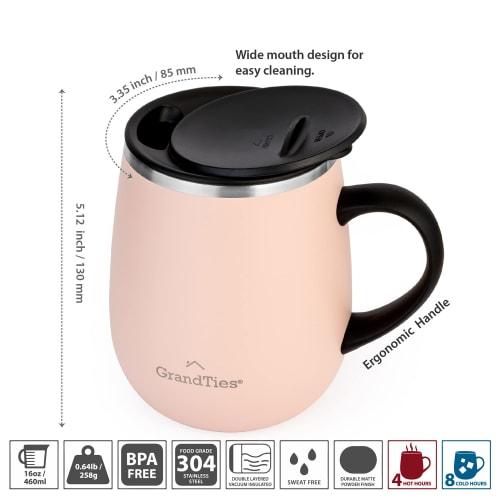 GRANDTIES Premium Vacuum Insulated Mug, 460ml, Available In 19 Colors, with Easy-Open Sliding Lid, Stainless Steel Double-Wall Vacuum Insulation, and