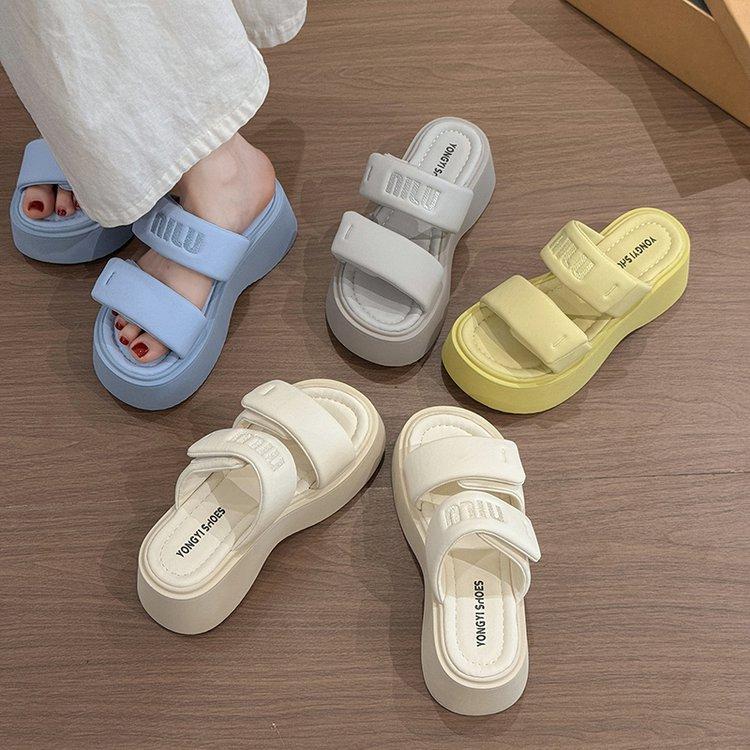 Velcro blue heightened thick-soled cool slippers for women's outerwear 2025 new summer skirt beach one-word slippers