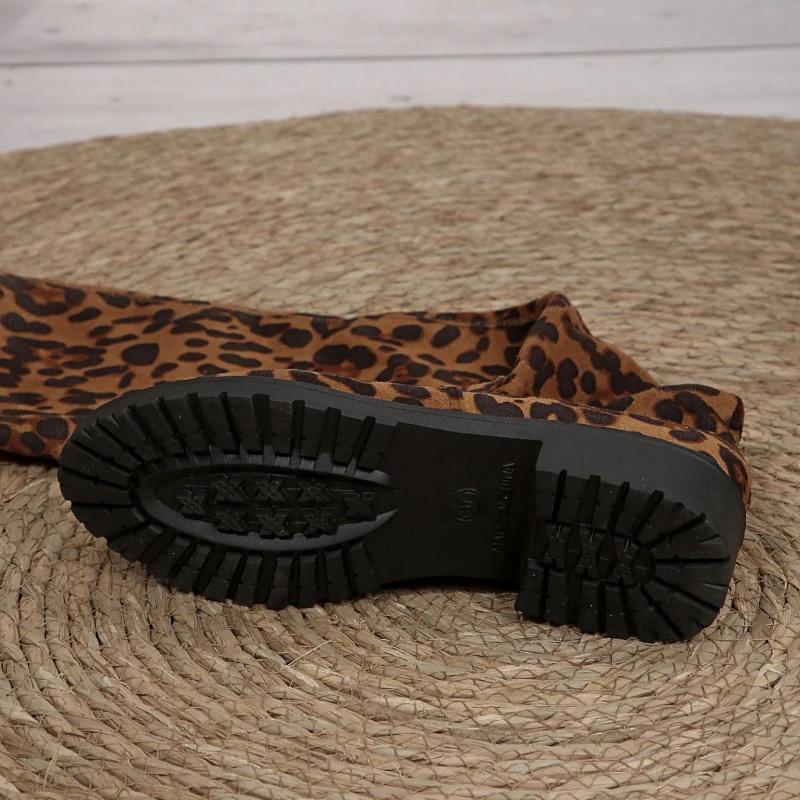 Dámské kozačky s dlouhým svrškem, silným podpatkem, nad koleno, elastické, slim, sexy leopardí potisk, dámské boty, módní kulatá špička, vysoké kozačky 2025