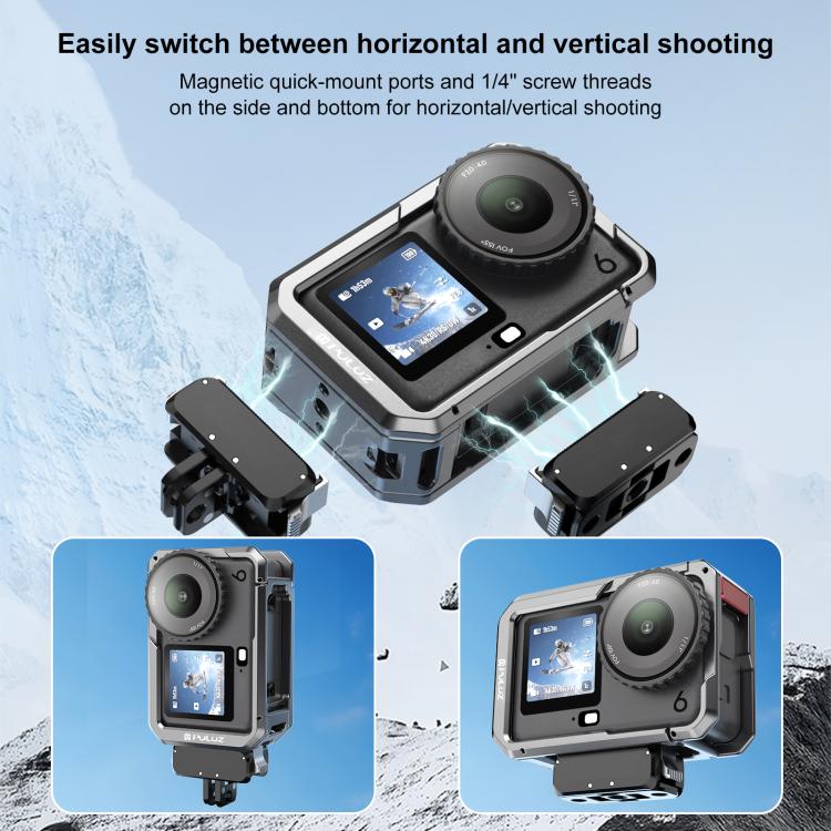 For DJI Osmo Action 6 PULUZ Metal Dual-Opening Camera Cage Expandable Frame with Silicone Lens Cap (Titanium)