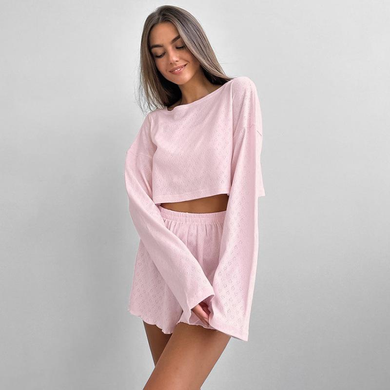 2024 European & American Knit Blend Women's Long-Sleeve Shorts Set - Soft & Skin-Friendly Home Wear