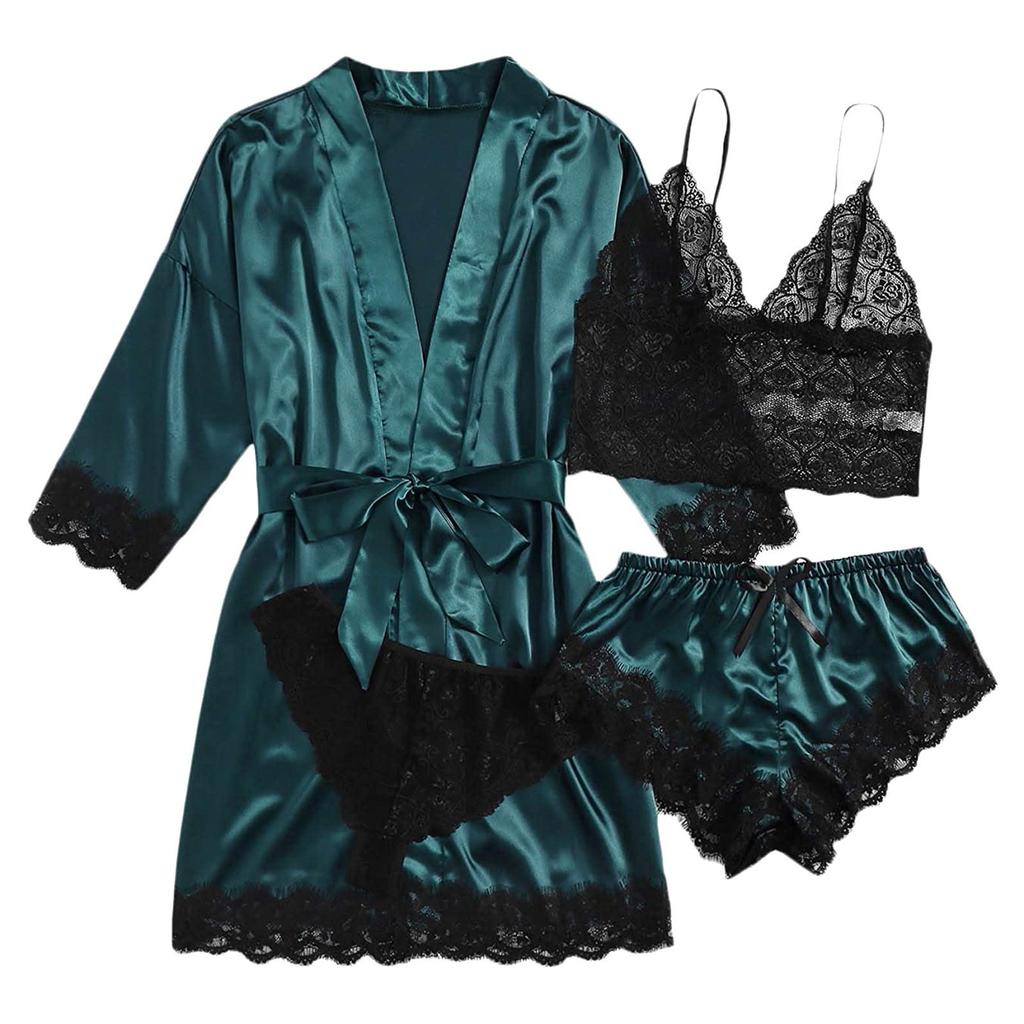 4-Piece Women Sexy Garter Lingerie Set Robes Lace Bodysuit Deep-V Neck Underwear