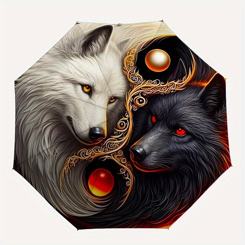 Wolf Yin Yang Automatischer Faltregenschirm 8 Rippen, Langlebiger Eisenrahmen, Helles Farbmuster Kompakter Reiseschirm, Geeignet für Outdoor, Se