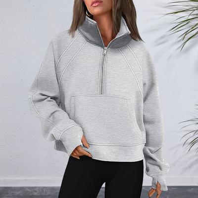 Winter Herbst Frauen Sweatshirt Halb Reißverschluss Stehkragen Plüsch Lange Ärmel Aufgesetzte Tasche Elastischer Bündchensaum