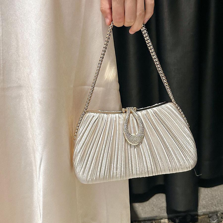 Women's Elegant Satin Evening Bag Pleated Clutch Wedding Purse Chains Party Prom Handbags with Rhinestes for Wedding, Bride
