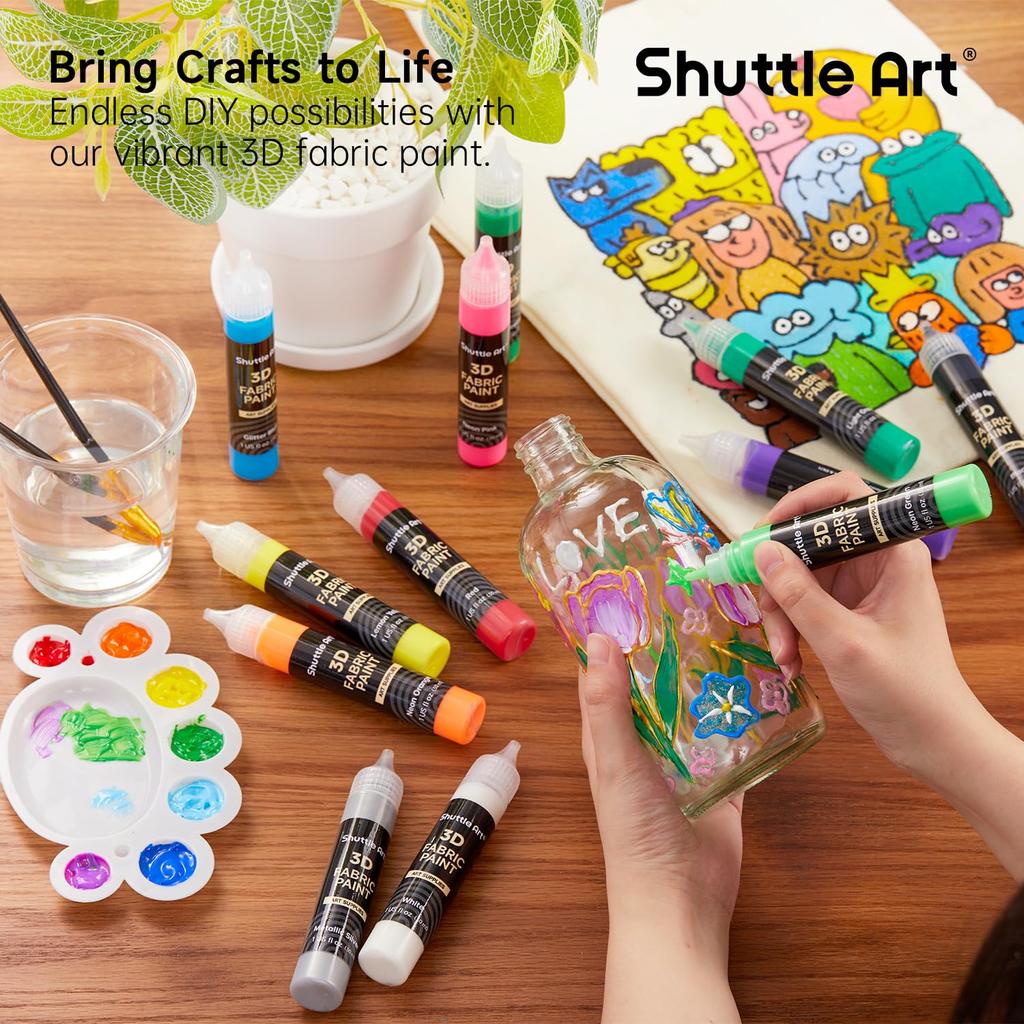 Shuttle Art Fabric Paint 3D 3D 66 Colors Set 30ml Cloth Enog Fabric Paint Metallic Color Washable Durable Comes with Paint Brush, Stencil and Palette