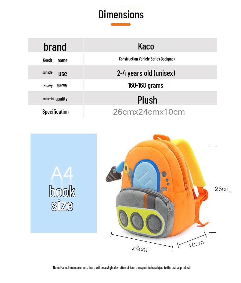 Cute Cartoon Excavator and Dump Truck Plush Backpack for Kids