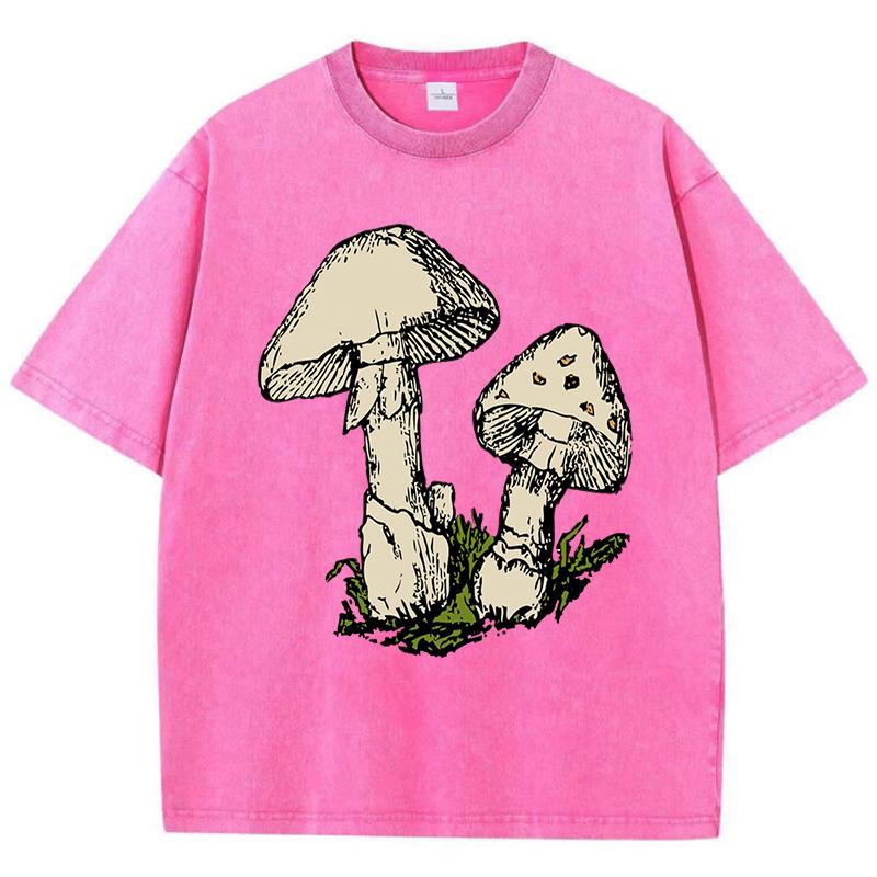 Cartoon Mushrooms Print Womens Washed T Shirt Cotton Y2K T-Shirt Oversized Casual Short Sleeves Summer Streetwear