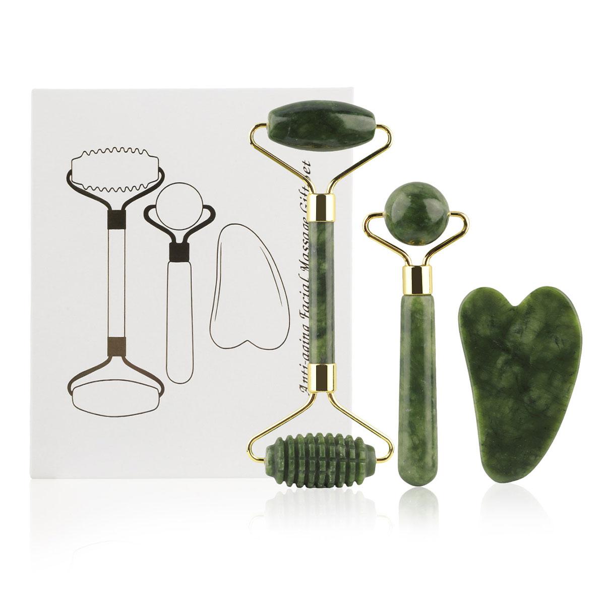 

3-in-1 Jade Roller And Gua Sha Set,Roller With Eye Massager,Ridged Massager,Facial Tools For Skin Care Routine And Puffiness темно-зеленого