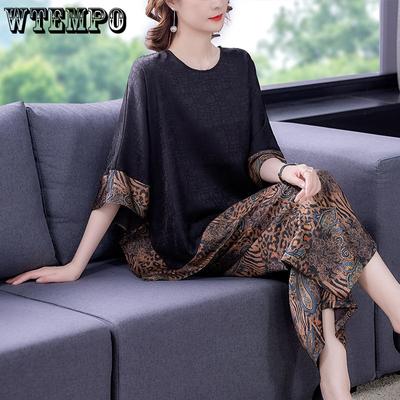 Fat Plus Size Wide Leg Pants 2 Piece Sets Women's Summer Loose 3/4 Sleeves Top Suit Mother's Plus Size 2pcs/set