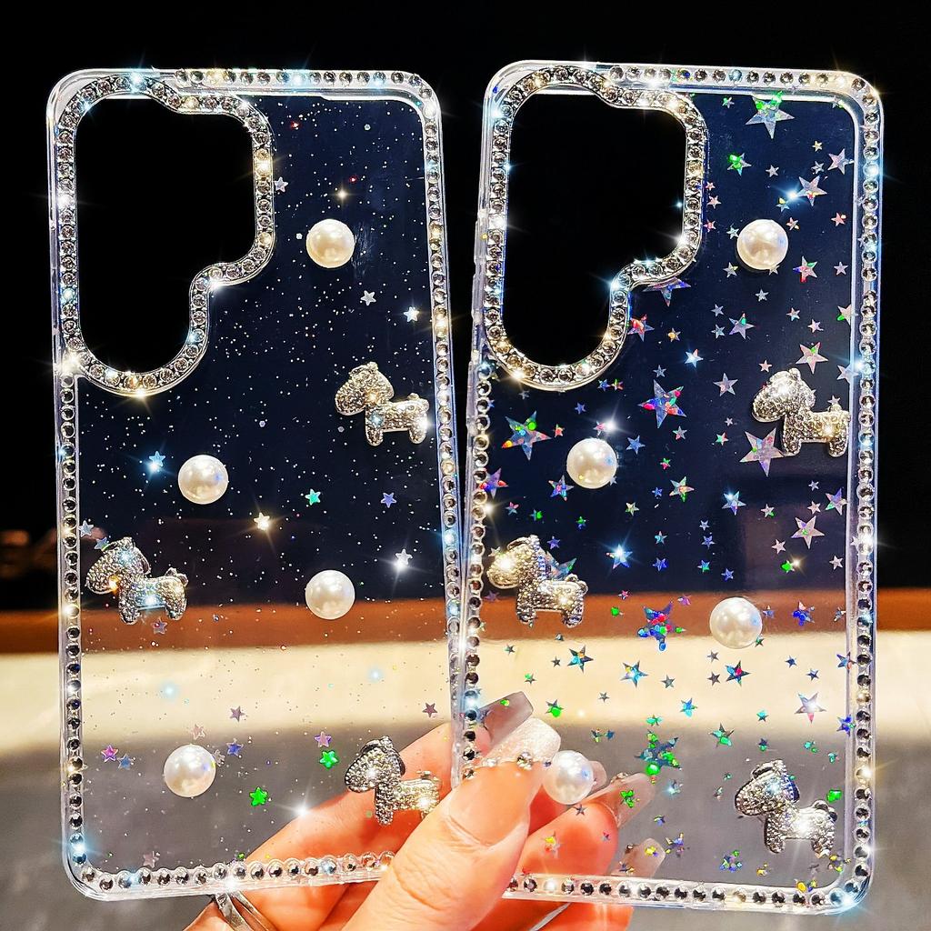 Applicable to Samsung S26Ultra pearl pony mobile phone case S24FE flash diamond S25 all-inclusive anti-drop DIY protective case