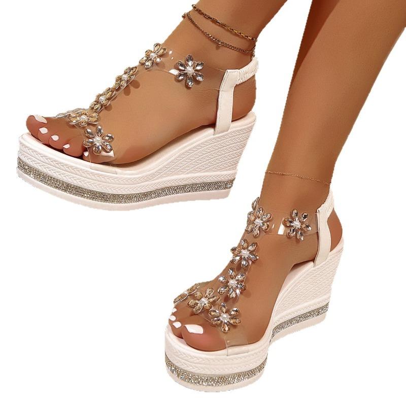 Women's Plus Size Platform Wedge Sandals, Floral Rhinestone Design for Beach Casual Wear