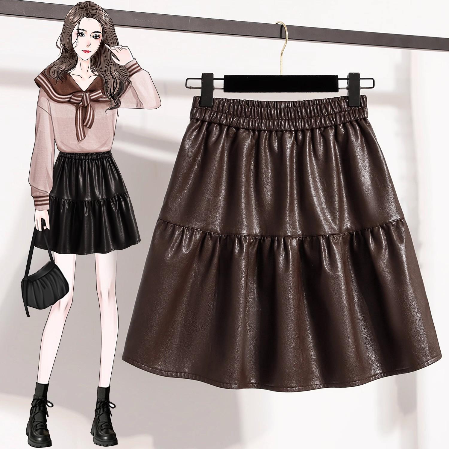 

Plus Size High-Waisted PU Leather A-Line Layered Mini Skirt Pants for Spring/Autumn - Fluffy, Anti-Exposure, Slimming 4XL (160-175 lbs) кофейный