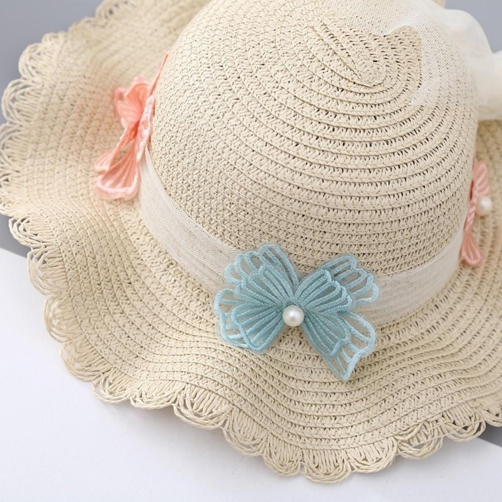 Lace Children Beach Straw Hat Wide Brim Fisherman Hat Sweet Sun Hat  for 2-8 Years Kids