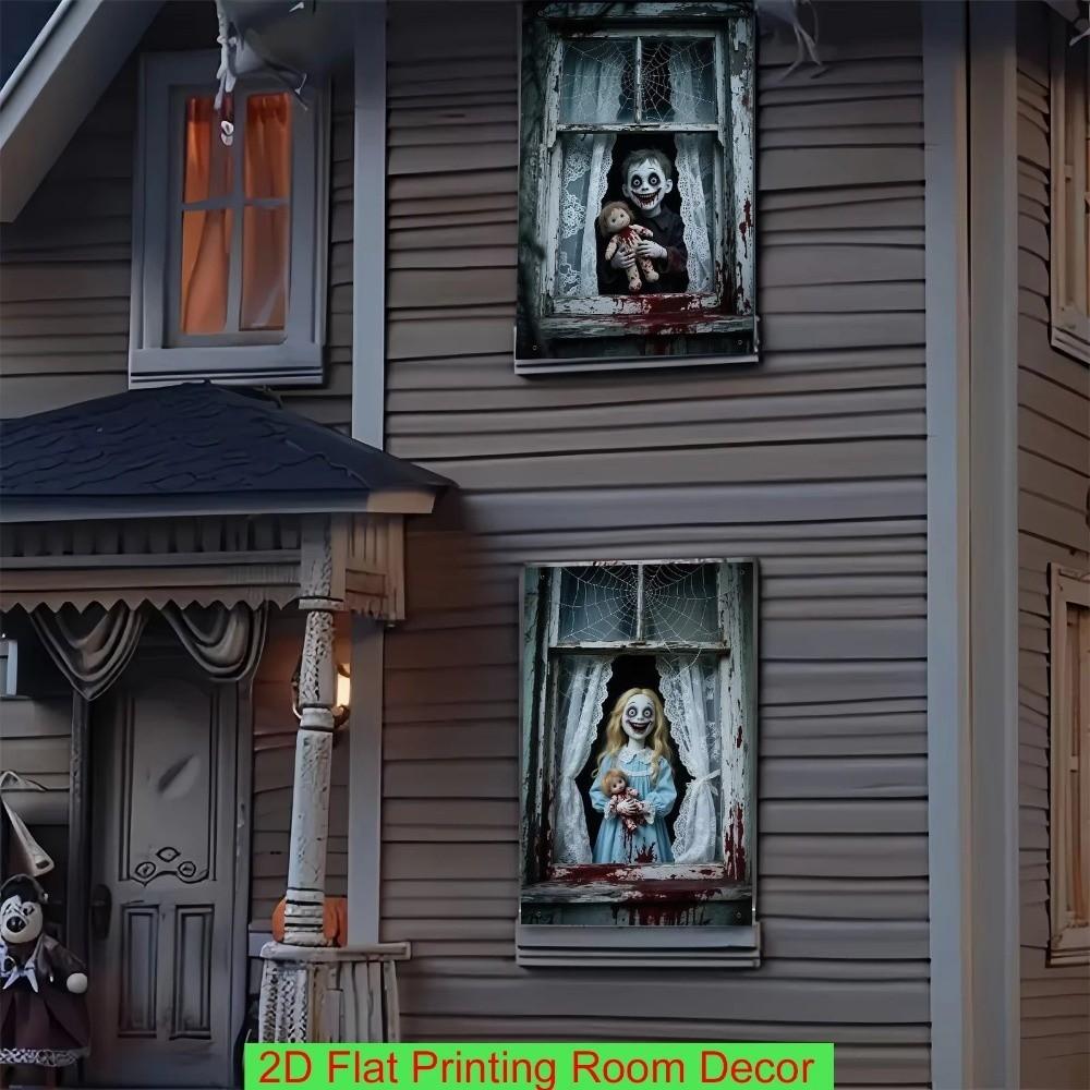 2PCS 2D Flat Scary Halloween Window Cover Super Terrifying Blood-Themed Scary Halloween Backdrops Polyester Fiber