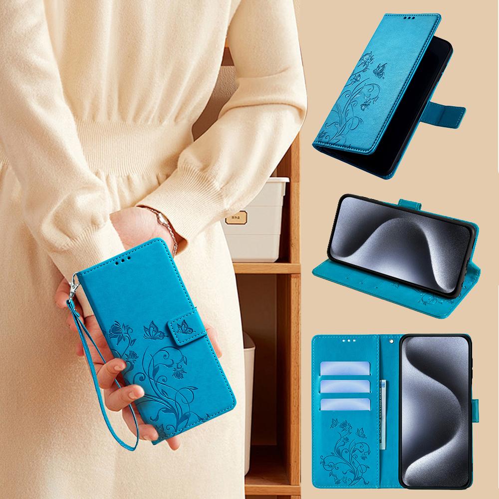 For Motorola Edge 40 Neo 5G Phone Case with Wrist Strap Butterfly Flower Imprinted Leather Flip Cover