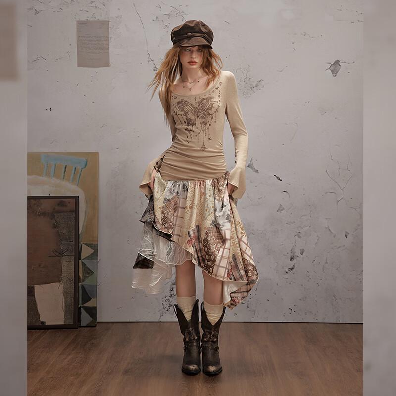 UNIFREE 2025 Fall Retro Print Patchwork Long Dress