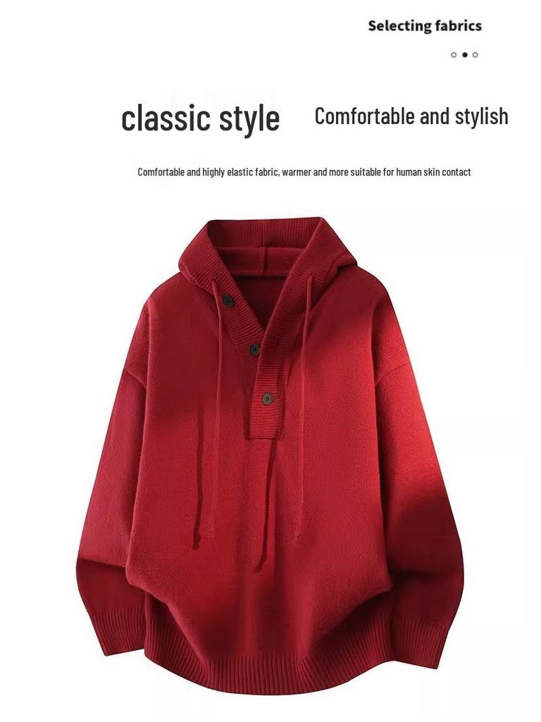 Men's Heavyweight Solid Color Knit Hooded Sweater - Loose Fit Casual Pullover for Autumn/Winter