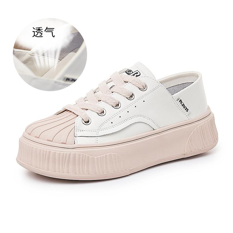 Shell Head Leather Little White Shoes Women's 2025 Spring New Flat-bottomed Sports and Leisure Shoes Women's Fashion Two-wear Women's Shoes Trend
