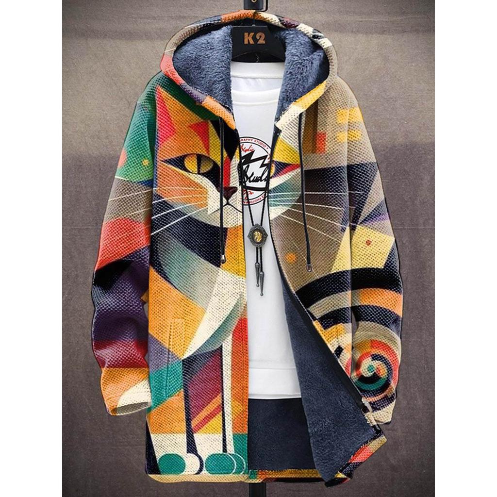 Men Cardigans Coats Geometric Stripe Square Printed Plush Thick Winter Abstract Art Graphics Jackets Casual Streetwear Clothing