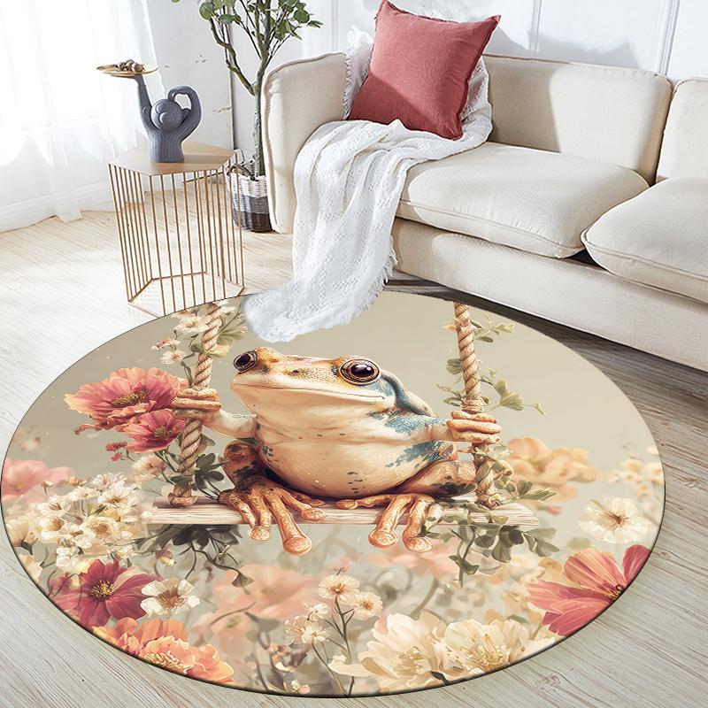 Frog and Fresh Flowers pattern round rug,Carpet Rug for Living Room Bedroom Sofa Playroom Decor,Non-slip Floor Mat,Holiday Gifts and Birthday Gifts