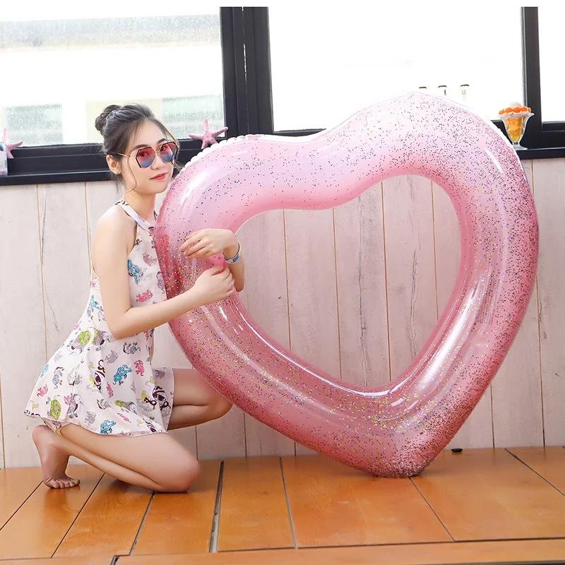 Large Heart Inflatable Toys Swimming Ring with Sequin Summer Pool Beach Party Photograph Inflatable Water Toys Circle