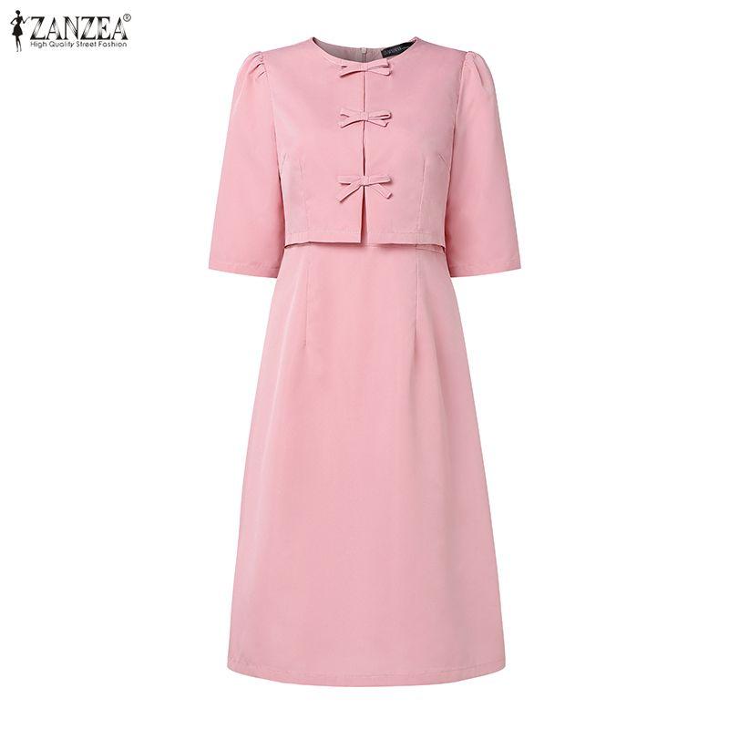 ZANZEA Women Casual Round Neck Summer Short Sleeve Dress