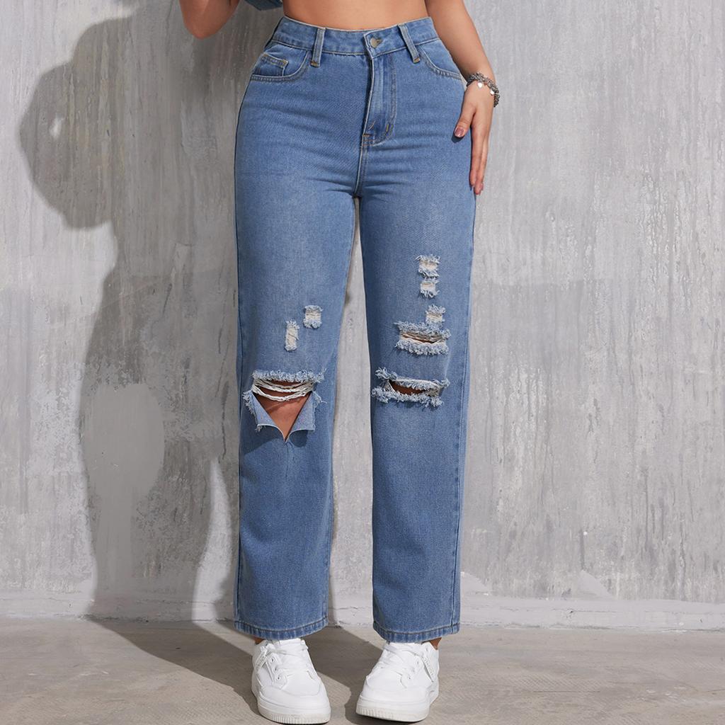 Women's High Waist Washed Women's Jeans Fashionable Versatile Straight Leg Pants