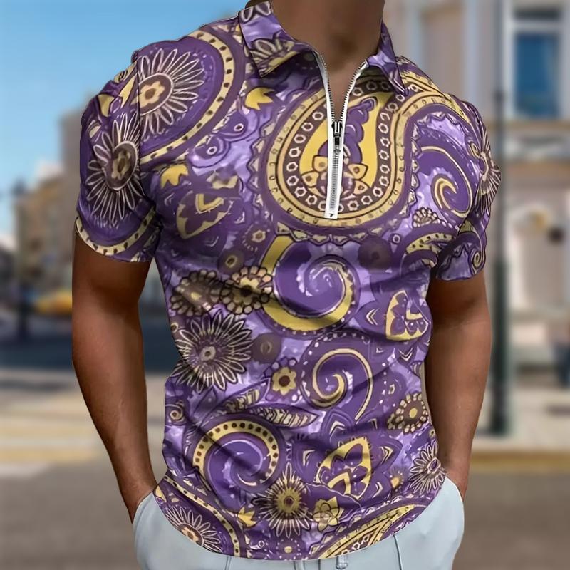 Men's Shirt Polo Casual Zip Short Sleeve Fashion Casual Zipper Summer Spring Regular Fit Dopamine Retro Chart 3D Print Shirt