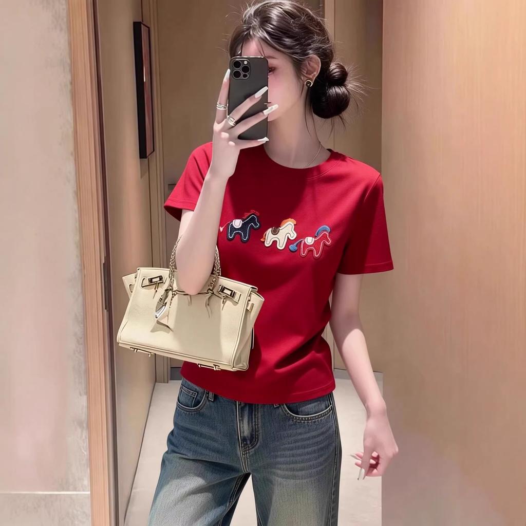 Damen Rundhals Kurzarm T-Shirt Lockerer Schnitt Cartoon Pferd Aufdruck Baumwolle T-Shirt Pendler Sommer Tägliches Oberteil