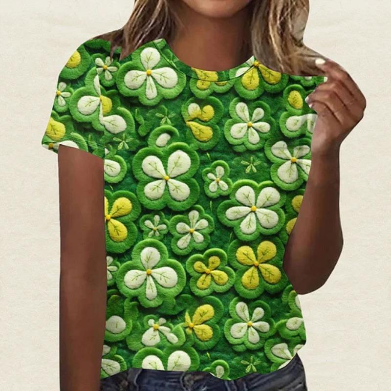 Summer Round Neck 3D St. Patrick's Day Print Top Fashionable Casual Short Sleeved Women's T-shirts