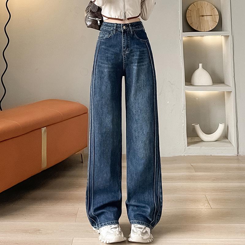 Women's High-Waisted Retro Blue Fleece-Lined Wide-Leg Jeans - Autumn/Winter 2024