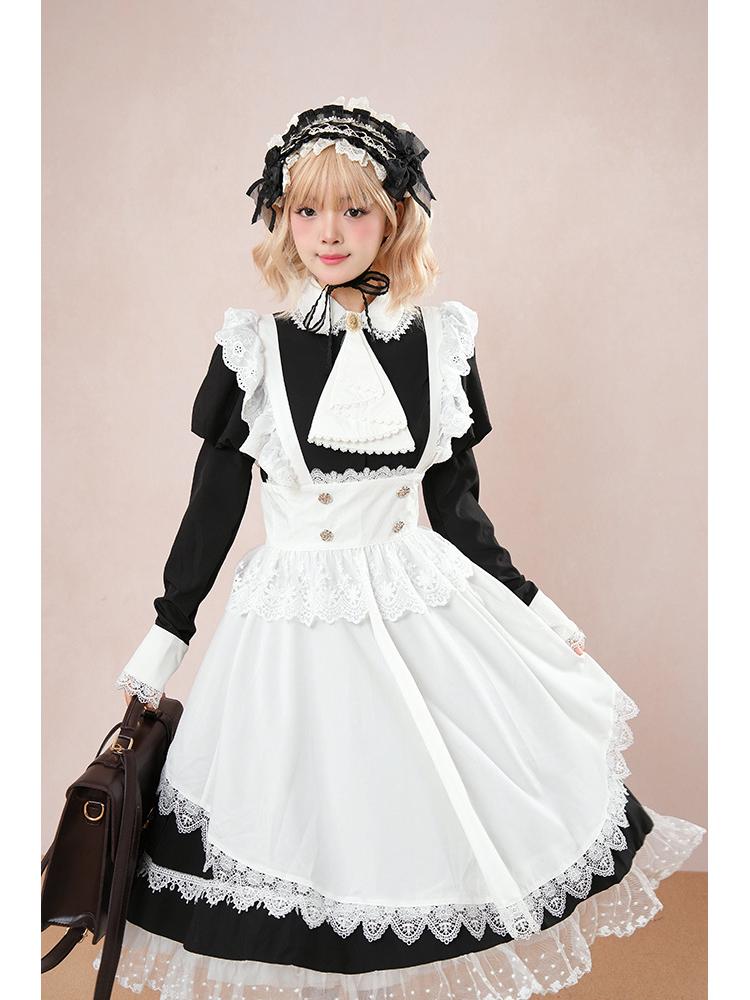 Izayoi Ретро Сладкая Лолита Черное Классическое Платье Горничной Облегающего Кроя с Фартуком Комплект S