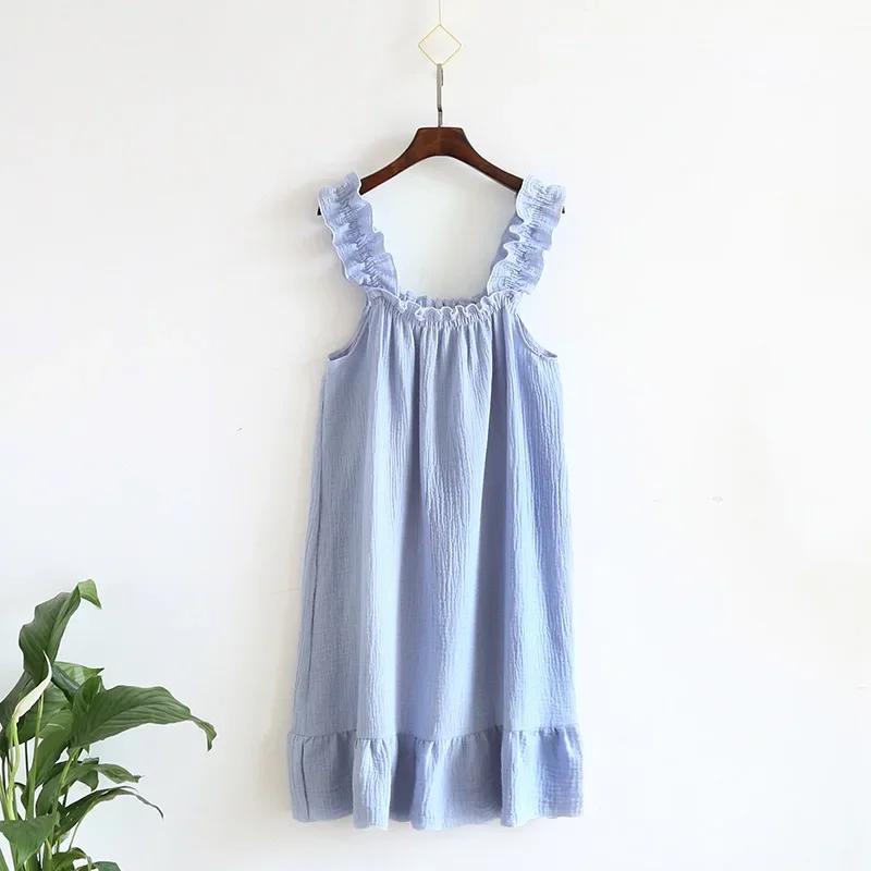Ladies Summertime Cotton Yarn Pure Cotton Thin Suspender Nightdress Loose Mid-length Sweet and Lovely Long-cut Home Dress Camisola Sexy