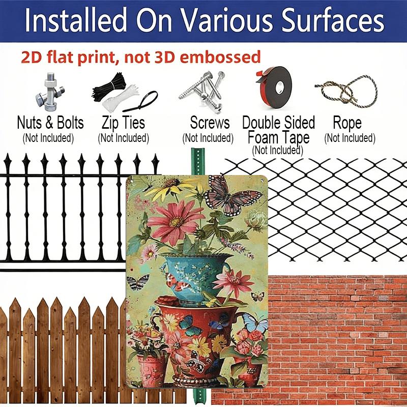 2D Flat Vintage Metal Wall Sign Suitable for Home, Office, Bar, Cafe - Rustic Aluminium Floral & Butterfly Film Carved Panel, 8x12 Inch