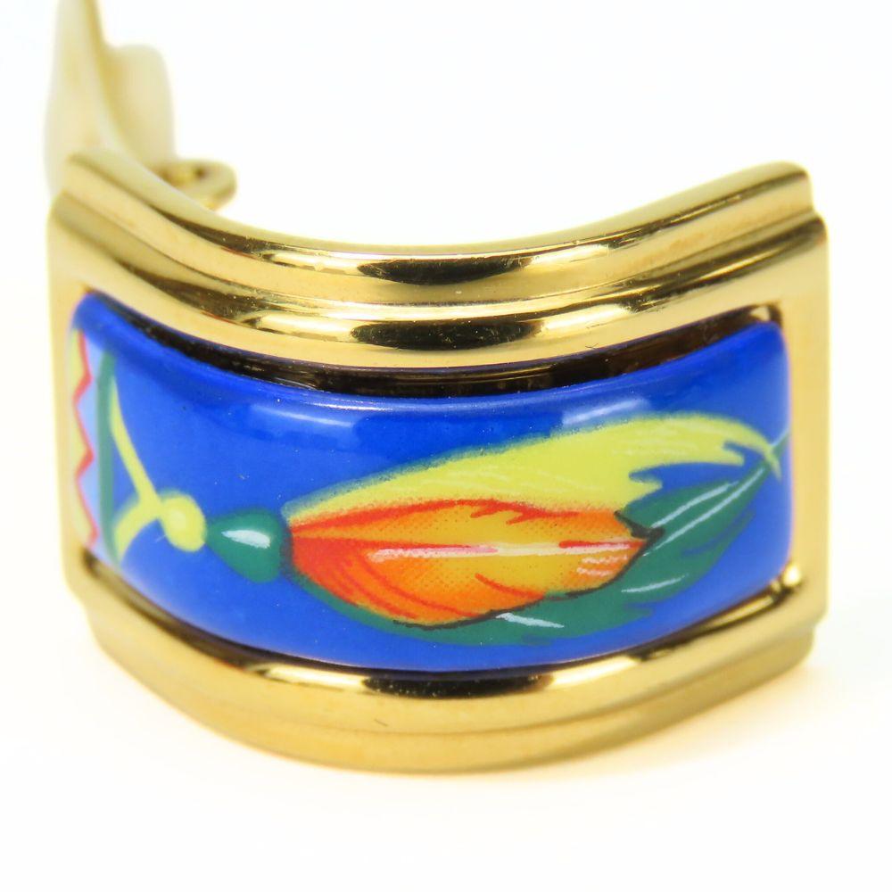 Used HERMES Earring Emile Feather Pattern Metal 15.3g Blue Multicolor Plating