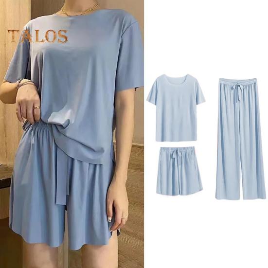 3 Teile/satz Frauen Sommer Pyjamas Set O Hals Kurzarm T-shirt Elastische Taille Shorts Breite Bein Falten Hosen Dame Loungewear Nachtwäsche Set Homewear Top