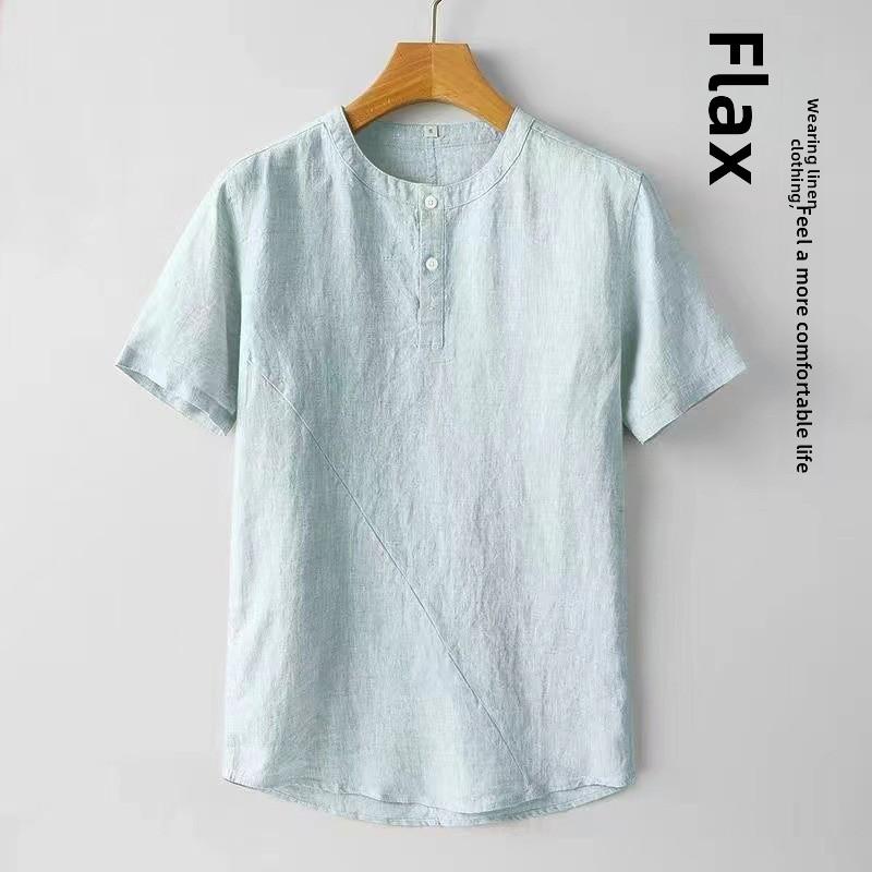 Casual Men's Cotton Linen Blouse Summer Spring O-Neck Button Short Sleeve Beachwear Holiday Blouse Tops