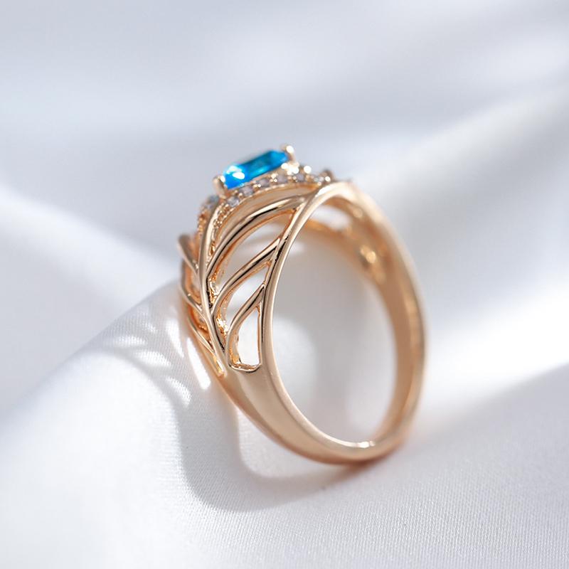 New Vintage Blue Natural Zircon Leaf Ring For Women Ethnic Bride  Rose Gold Color Accessories Party Daily Fine Jewelry