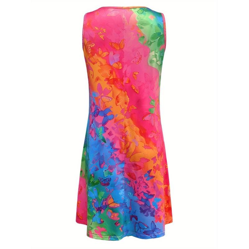 Women's Summer Sleeveless V-Neck Butterfly Gradient Print Dress - Thin, stretchy, casual and elegant plus size beach dress, suitable for the beach