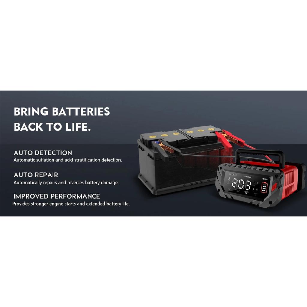 12V 30A/26A/20A Smart Car Battery Charger LCD 6V-12V-24V for Motorcycle Trickle Lithium LiFePO4 Lead-acid AGM Battery Repair