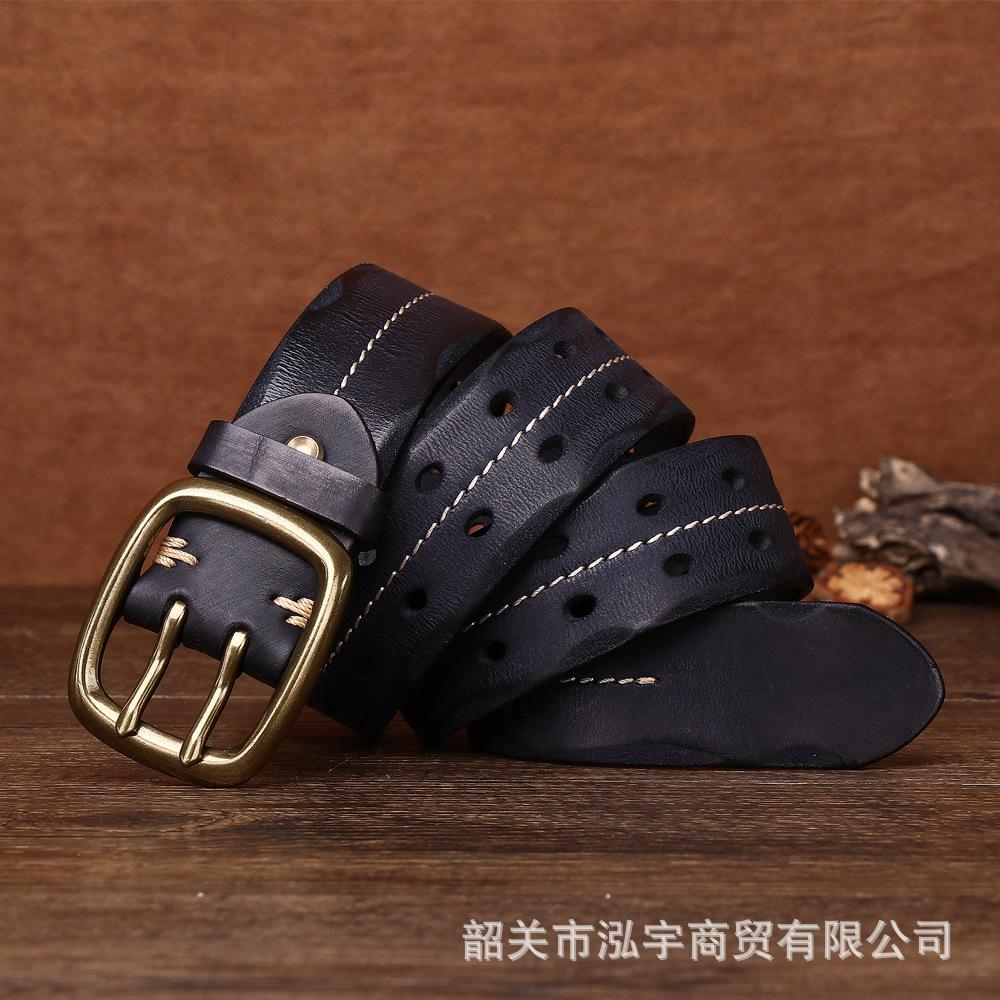 

Мужской ремень 3,8 см Ремень из натуральной кожи Мужской повседневный ретро без пробивки Медная пряжка Первый слой коровьей кожи Ленивый ремень 130cm чёрный