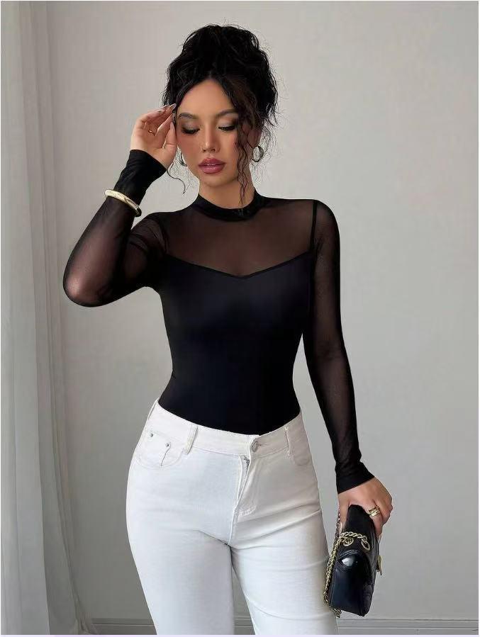 2025 Elegant Women's Solid Color Patchwork Slim-fit Long Sleeve Top for Autumn/Winter