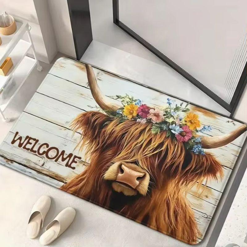 Tapis de porte Rustique Vache des Highlands Bienvenue Couronne Florale Animal de Ferme Antidérapant Entrée Principale Décor Ferme Campagne Tapis de Sol 50x80cm 20x31inch