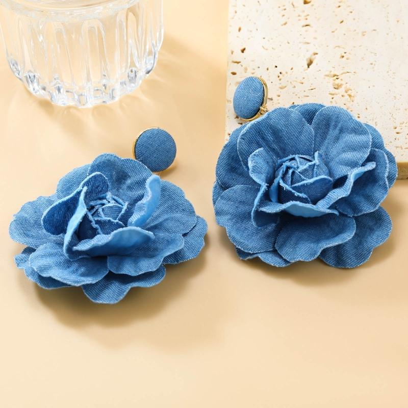 Orecchini Floreali Esagerati Fatti a Mano Orecchini Fiore di Rosa Eleganti Denims Fiori Orecchini Pendenti Gioiello Ornamento per Donne