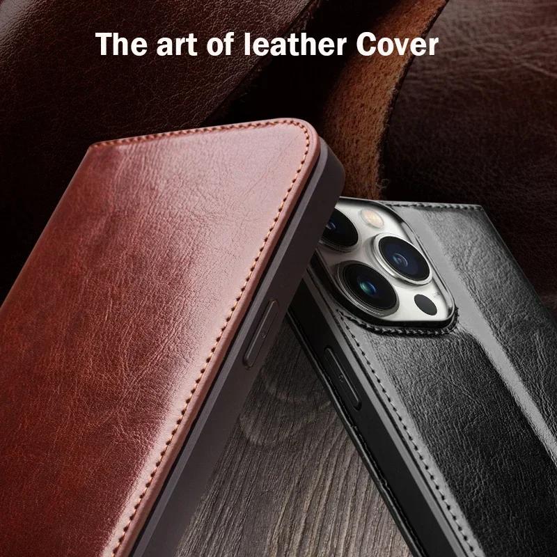 Echt Leer Flip Hoesje voor IPhone 13 Pro Handgemaakt Mode Zakelijk Hoesje met Kaartsleuven voor IPhone 15 Pro Max/15/14