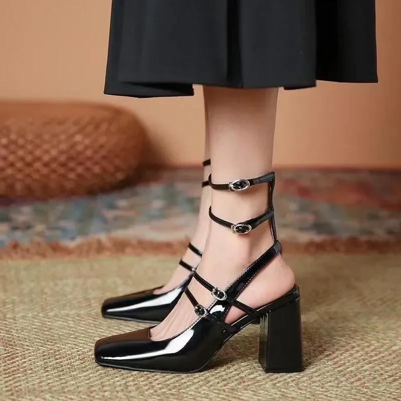 Fashion Luxury Designer Women's Sandals Sexy Ankle Strap Buckle Square Toe Chunky High Heels Black Summer Black Elegant Slingback Pumps