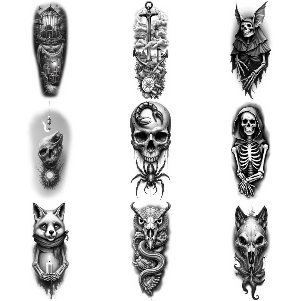 3pcs Temporary Tattoo Waterproof Long-lasting Body Stickers Wolf With Tentacles  And Ship Caged Bird For Arms Men Adults