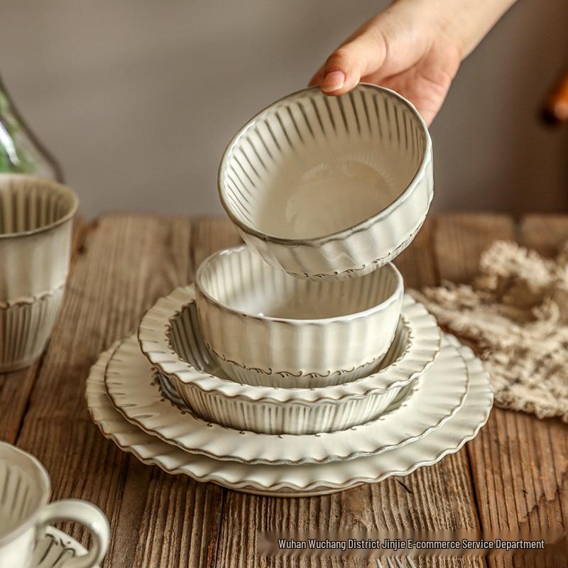 Elegant French Ceramic Tableware Set: Lace Design Plates, Steak & Salad Bowls, Rice & Soup Bowls, Baking Dish for Western Cuisine.